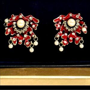 Pierced Earings: Heidi Daus Coral Branch Red Enamel Rhinestone Faux Pearl Dangle